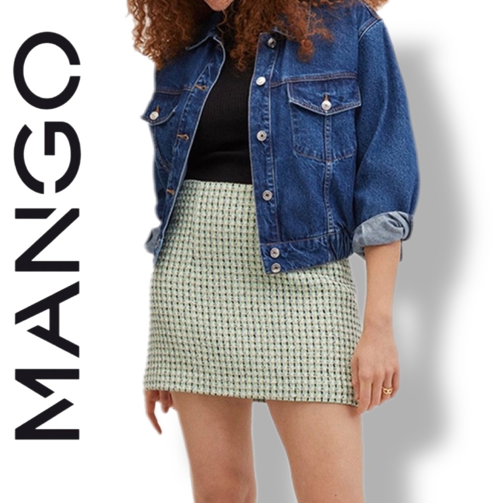 NWT Mango Light Pastel Green Treze Tweed Mini Skirt - Size Small
